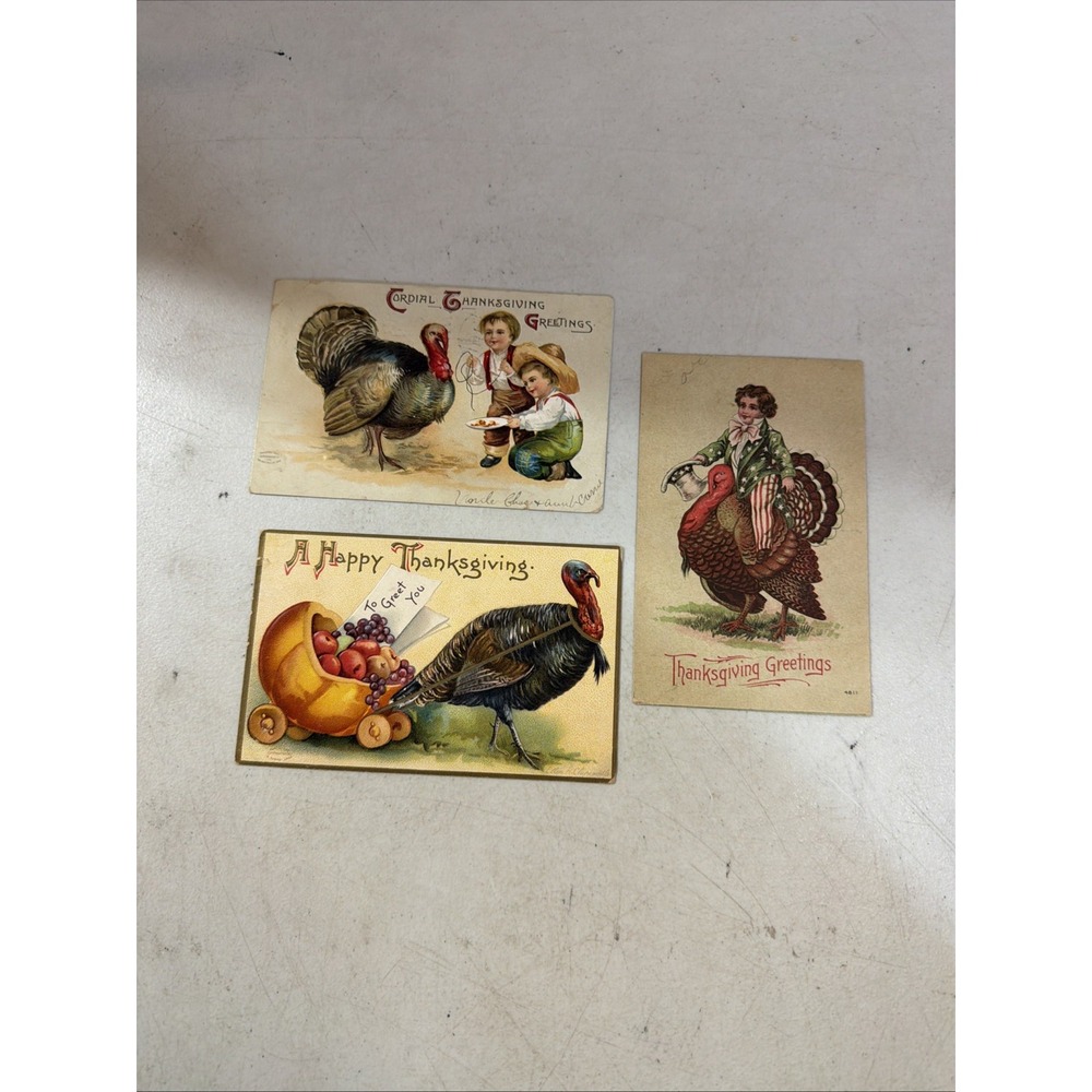 3 colorful  Vintage 1900 Thanksgiving postcards  embossed with Turkeys